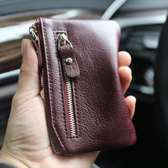 Slim Womens Brown Leather Zip Wallet With Keychain Card Wallet Zip Coin Wallet for Ladies