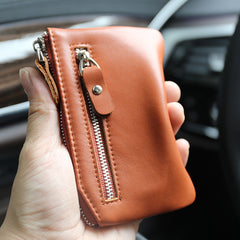 Slim Womens Brown Leather Zip Wallet With Keychain Card Wallet Zip Coin Wallet for Ladies