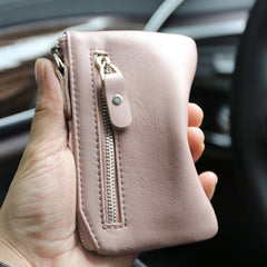 Slim Womens Pink Leather Zip Wallet With Keychain Card Wallet Zip Coin Wallet for Ladies