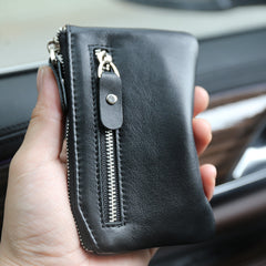 Slim Womens Brown Leather Zip Wallet With Keychain Card Wallet Zip Coin Wallet for Ladies