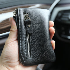 Slim Womens Brown Leather Zip Wallet With Keychain Card Wallet Zip Coin Wallet for Ladies