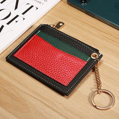 Slim Womens Patchwork Black Leather Card Wallets with Keychain Cute Zip Card Holder Wallet for Women