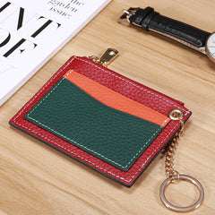 Slim Womens Patchwork Red Leather Card Wallets with Keychain Cute Zip Card Holder Wallet for Women