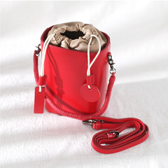 Fashion Womens Small Red Leather Bucket Shoulder Bag Black Barrel Handbag Crossbody Bag Purse for Ladies