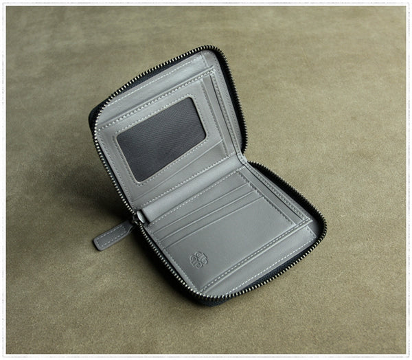 Small Gray Leather Zip Wallet Billfold Womens Zip Around Wallets Zipper Small Wa NB01291051