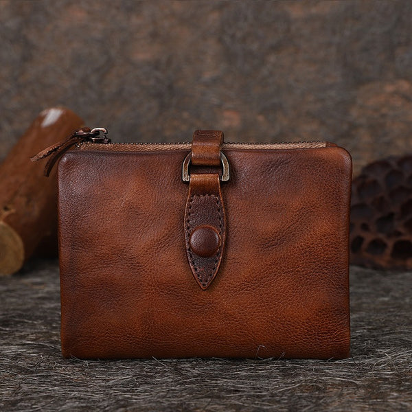 Brown Small Leather Bifold Wallet Vintage Billfold - Stitching Detail