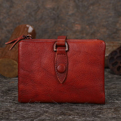 Red Small Leather Bifold Wallet Vintage Billfold Cute Women Buckle Wallet For Ladies