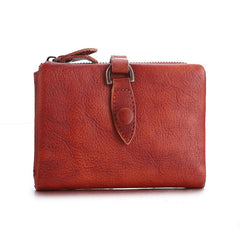 Red Small Leather Bifold Wallet Vintage Billfold Cute Women Buckle Wallet For Ladies