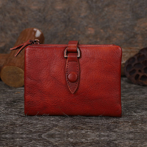 Red Small Leather Bifold Wallet Vintage Billfold - Closure Detail