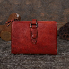 Red Small Leather Bifold Wallet Vintage Billfold Cute Women Buckle Wallet For Ladies