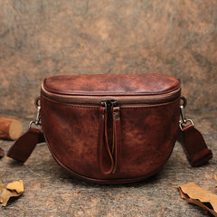 Small Coffee Leather Womens Saddle Shoulder Bag Small Fanny Pack Handmade Crossbody Purse for Ladies