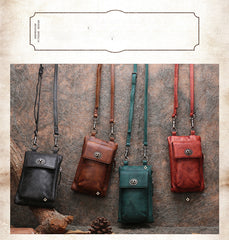 Leather Womens Phone Shoulder Bag Small Vertical Side Bag Handmade Crossbody Purse for Ladies