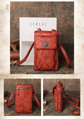 Red Leather Womens Phone Shoulder Bag Small Vertical Side Bag Handmade Crossbody Purse for Ladies