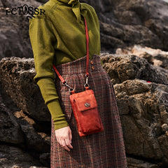 Red Leather Womens Phone Shoulder Bag Small Vertical Side Bag Handmade Crossbody Purse for Ladies