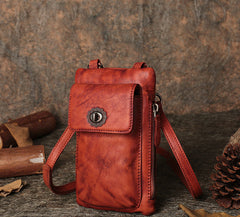 Red Leather Womens Phone Shoulder Bag Small Vertical Side Bag Handmade Crossbody Purse for Ladies