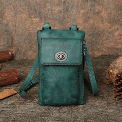 Green Leather Womens Phone Shoulder Bag Small Vertical Side Bag Handmade Crossbody Purse for Ladies