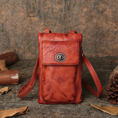 Red Leather Womens Phone Shoulder Bag Small Vertical Side Bag Handmade Crossbody Purse for Ladies