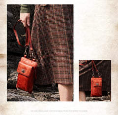 Red Leather Womens Phone Shoulder Bag Small Vertical Side Bag Handmade Crossbody Purse for Ladies