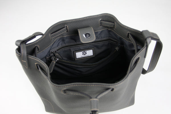Small Womens Dark Gray Leather Shoulder Bucket Purse Gray Leather Barrel Shoulde NB03191045