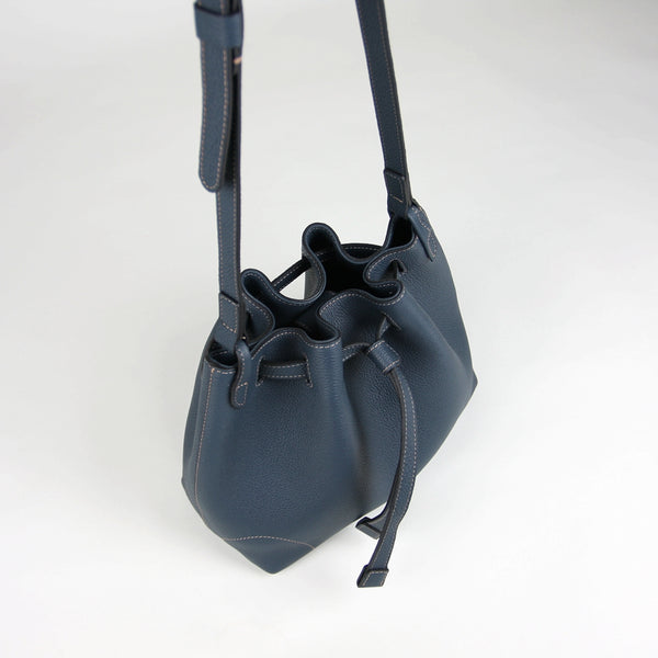 Small Womens Dark Gray Leather Shoulder Bucket - Open View