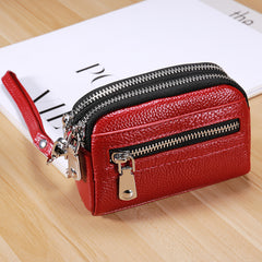 Small Womens Leather Black Double Zip Wallet Mini Wallet with Coin Pocket Zip Wallet for Ladies