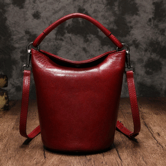 Small Womens Green Leather Bucket Handbag Vintage Brown Barrel Shoulder Bag Purses for Ladies