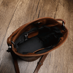 Small Womens Green Leather Bucket Handbag Vintage Brown Barrel Shoulder Bag Purses for Ladies