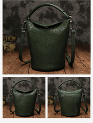 Small Womens Green Leather Bucket Handbag Vintage Brown Barrel Shoulder Bag Purses for Ladies