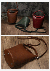 Small Womens Green Leather Bucket Handbag Vintage Brown Barrel Shoulder Bag Purses for Ladies
