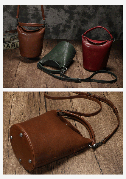 Small Womens Brown Leather Bucket Handbag Vintage Shoulder Barrel Purses for Lad DD82608125