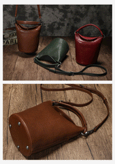 Small Womens Brown Leather Bucket Handbag Vintage Shoulder Barrel Purses for Ladies