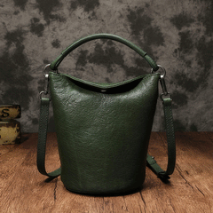 Small Womens Green Leather Bucket Handbag Vintage Brown Barrel Shoulder Bag Purses for Ladies