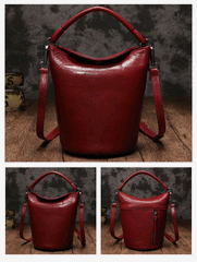 Small Womens Green Leather Bucket Handbag Vintage Brown Barrel Shoulder Bag Purses for Ladies