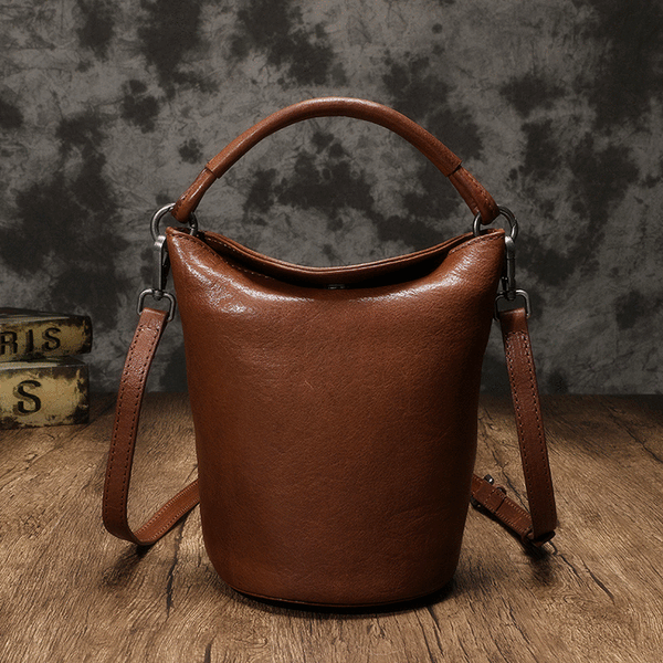Small Womens Green Leather Bucket Handbag Vintage Brown Barrel Shoulder Bag Purs DD82608125
