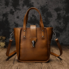 Small Vintage Brown Womens Leather Bucket Handbag Red Leather Bucket Shoulder Purse for Ladies