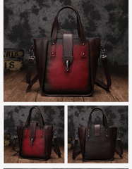 Small Vintage Red Womens Leather Bucket Handbag Brown Leather Bucket Shoulder Purse for Ladies
