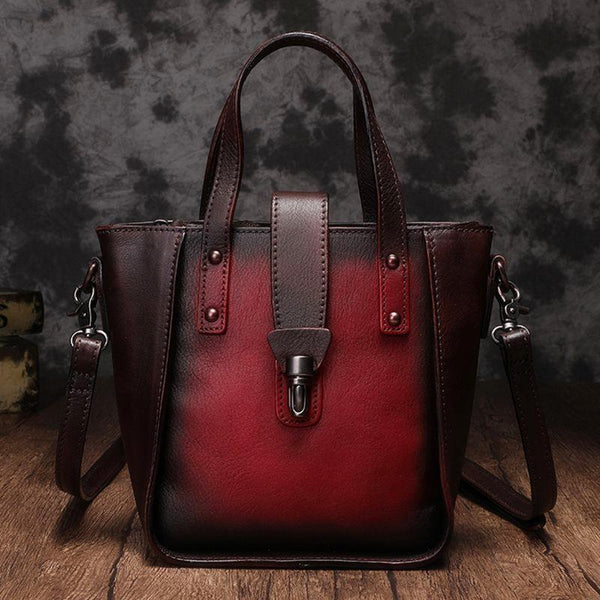 Small Vintage Brown Womens Leather Bucket Handbag Red Leather Bucket Shoulder Pu DD83508126