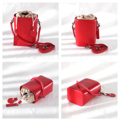 Fashion Womens Small Red Leather Bucket Shoulder Bag Black Barrel Handbag Crossbody Bag Purse for Ladies