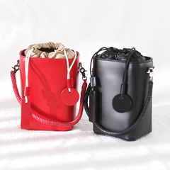 Fashion Womens Small Red Leather Bucket Shoulder Bag Black Barrel Handbag Crossbody Bag Purse for Ladies