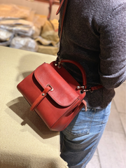 Vintage Red Ladies Leather Square Satchel Handbag Purse Brown SHoulder Bag Side Bag for WOmen