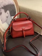 Vintage Red Ladies Leather Square Satchel Handbag Purse Brown SHoulder Bag Side Bag for WOmen