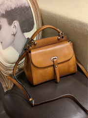 Vintage Red Ladies Leather Square Satchel Handbag Purse Brown SHoulder Bag Side Bag for WOmen