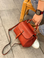 Vintage Red Ladies Leather Square Satchel Handbag Purse Brown SHoulder Bag Side Bag for WOmen