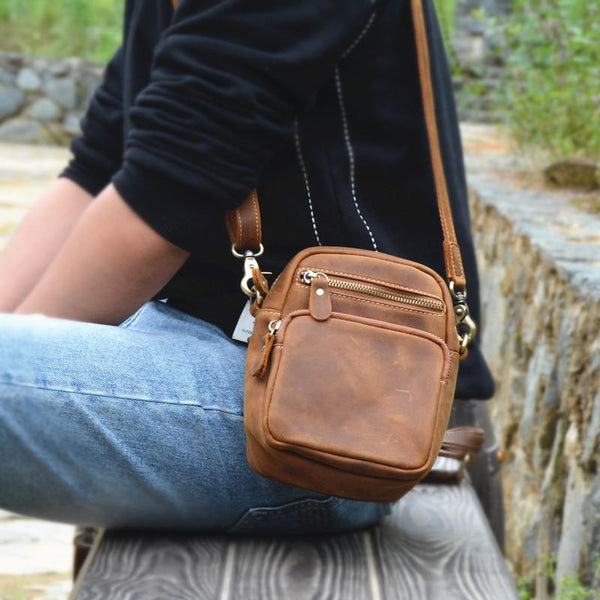 Vintage Brown Leather Men's Waist Belt Pouches Cell Phone Holsters Mini Side Bag FY01381009