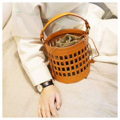 Fashion WOmens Leather Small Leather Hollow Bucket Handbag Purse Green Shoulder Bag for Ladies