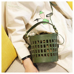 Fashion WOmens Leather Small Leather Hollow Bucket Handbag Purse Green Shoulder Bag for Ladies