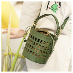 Fashion WOmens Leather Small Leather Hollow Bucket Handbag Purse Green Shoulder Bag for Ladies