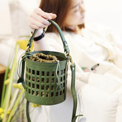 Fashion WOmens Leather Small Leather Hollow Bucket Handbag Purse Green Shoulder Bag for Ladies