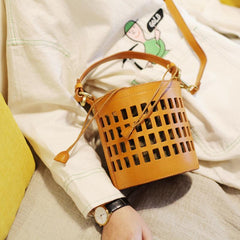 Fashion WOmens Leather Small Leather Hollow Bucket Handbag Purse Green Shoulder Bag for Ladies