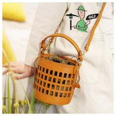 Fashion WOmens Leather Small Leather Hollow Bucket Handbag Purse Green Shoulder Bag for Ladies